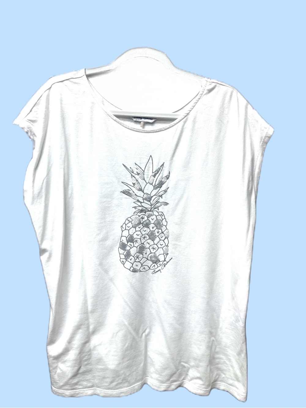 Tommy Bahama White Silver Sequin Pineapple Sleeveless Tee Shirt Organic Cotton